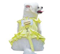 Pet No Pull Harness Set,Cat Dog Denim Dress with D-Ring Leash Bee Pin,Mesh Padded Puppy Harness Princess Dress for Training Walking_XL(Yellow)