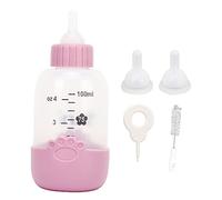 Pet Nursing Bottle Universal Pattern Silicone Pet Milk Feeding Bottle Kit with Brush Needle and 3 Nipples for Puppy Cat Kitten Hamster Rabbit 100ml (Pink)