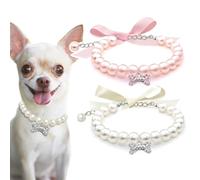 Pet Pearl Collar, Small Cat Pearl Necklace with Rhinestone Bone Adjustable Kitten Crystal Collar, Necklaces and Pendants for Pet (White+Pink)
