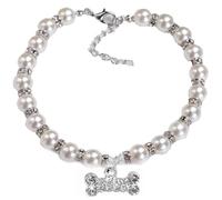 Pet Pearl Necklace Adjustable Diamond Studded Dog Bone Pendant Dog Jewelry Collar, White
