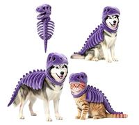 Pet Photo Dinosaur Skeleton Costume, PURPLEL | Padded Head-to-Tail Skull Rib Spine Outfit for Dogs, Cats, Halloween Parties and Videos
