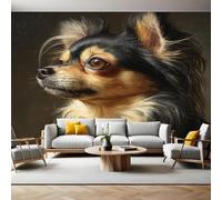 Pet Photo Wallpaper 3D Effect Animal Long-haired Chihuahua Mural Wallpaper Non-Woven Wall Mural, 350 x 256 cm Large Murals Wall Decor for Bedroom, Living Room, Kids Room