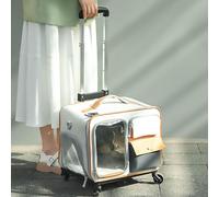 Pet Portable Trolley Bag, Cat Dog Carrier with Wheels, Rolling Pet Carrier with Telescopic Handle,Breathable (Light rice)