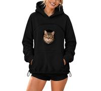 Pet Pouch Hoodie For Women Men Drawstring Hem Casual Pullover Top | Pet Pouch Hoodie 2026 Cozy Sherpa Lined Animal Holder Long Sleeve Warm Winter Jumper Tops Clothing Black-a XL