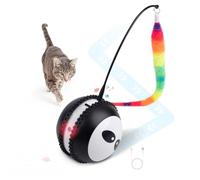 pet prime Electronic Interactive Cat Ball Toy with 2 Plush Teasers, Realistic Bird Sounds, Automatic Obstacle Avoidance, Smart Auto-Sleep & USB Rechargeable, 9x9cm