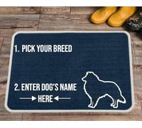 PET REBELLION | Personalised Extra-Large Pet Feeding Mat | Absorbent & Machine Washable | Customisable with Your Pet's Name | Non-Slip Backing | Shetland Sheepdog Blue