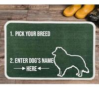 PET REBELLION | Personalised Extra-Large Pet Feeding Mat | Absorbent & Machine Washable | Customisable with Your Pet's Name | Non-Slip Backing | Shetland Sheepdog Green