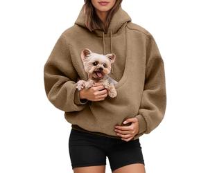 Pet Sherpa Hoodie For Women Oversized Kangaroo Pocket, Winter Warm Fuzzy Fleece Pullover Cute Holder Long Sleeve Tops For Pet Animal Lover Comfy(Khaki,L)
