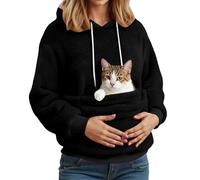 Pet Sherpa Hoodie for Women UK Oversized Kangaroo Pocket Pet Pouch Kitten Carrier Pullover Hoodies Waffle Knitted Long Sleeve Cute Cat Puppy Holder Hooded Sweatshirts (A2-Black, XL)