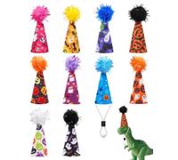 PET SHOW 10 Pack Mini Party Hats for Animals Figures Toys Halloween Tiny Hats for Crafts Doll Dinosaur Party Decor Adjustable Cone Hat with Tinsel Pom Pom Birthday Cake Toppers Accessories