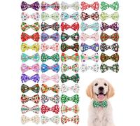 PET SHOW 50 Pack Christmas Small Dog Bow Ties Bulk Sliding Collar Attachments Puppy Cats Xmas Bowties for Medium Dogs Santa Bowknots Holiday Party Pet Grooming Accessories, S/M
