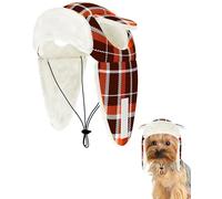 PET SHOW Dog Trapper Hat Winter Hat for Extra Small Dogs Cats Thanksgiving Warm Fleece Aviator Hats with Ear Flaps Adjustable Outdoor Boy Puppy Pet Pilot Costume Cap XS-Orange Plaid/with Ear Holes