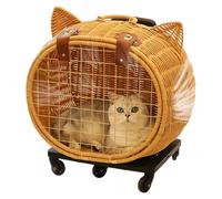 Pet Stroller, 17.72x18.9 Inches Rattan Travel Carrier Cart for Cats Puppy, Retro with Foldable Frame Breathable Mesh, Dog Travel Trolley for Outdoor Daily Walks Beach Picnic Park