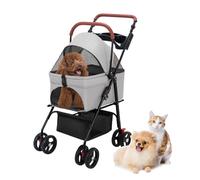 Pet Stroller 3 in 1, Foldable Cat Dog Strollers for Small Dogs 10KG, Lightweight Pet Pushchair with Detachable Carrier Car Seat, Storage Basket, Breathable Mesh Canopy, Easy Fold Design (Grey)