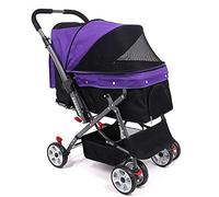 Pet Stroller, 4 Wheel Dog/Cat/Pet Cage Stroller,Reversible Handle Carts Shockproof Durable Stroller Adjustable Direction,One-click Folding Quick Installation, for Medium Pets Up To 50 Lbs (purple)