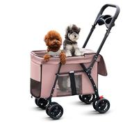 Pet Stroller 4 Wheels - Easy-Fold Dog Cat Stroller for Small Medium Dog Cats Carrier, Travel Folding Carrier Breathable and Visible Mesh with Cup Holder（Pink）