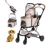 Pet Stroller, 4 Wheels Folding Stroller for Small/Medium Cats Dogs up to 35lbs, Zipperless Entry, Detachble Portable Pet Bag with Storage Basket (Beige)