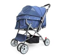 Pet Stroller, Dog Cat Travel Folding Carrier Trolley Pushchair with Reversible Handle Bar, Front Swivel Wheels and Storage Basket (Blue)