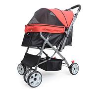 Pet Stroller, Dog Cat Travel Folding Carrier Trolley Pushchair with Reversible Handle Bar, Front Swivel Wheels and Storage Basket (Red)