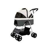 Pet Stroller Dog Pram Dog Stroller Buggy Easy to Push with Netted Window & Retractable Cover Foldable Shockproof Detachable Strolling Cart Doggy Pushchair Four-Wheele (Grey)