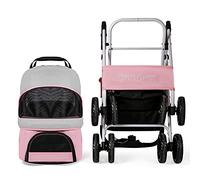 Pet Stroller Dog Pram Dog Stroller Buggy Easy to Push with Netted Window & Retractable Cover Foldable Shockproof Detachable Strolling Cart Doggy Pushchair Four-Wheele (Pink)