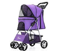 Pet Stroller Dog Pram Dog Stroller Buggy Foldable Four-Wheeled Trolley Travel Carrier Adjustable Canopy Storage Brake Mesh Window for Small Medium Dog Cat (Purple)