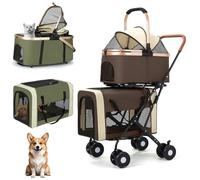 Pet Stroller,Dog Puppy Carrier Pram Travel Pushchair,with 2 Detachable Carriers,360 ° Wear-Resistant Rubber Wheels Carrier,for Dogs Cats,Ideal for Multi-Pet Homes(Khaki)