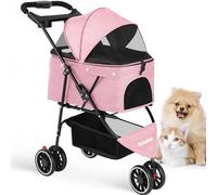 Pet Stroller,Dog Stroller for Small Medium Dogs Cats,3 Wheels,Foldable,with Breathable Mesh Canopy,Cup Holders,Easy Assembly,Pink