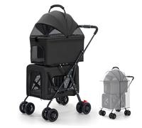Pet Stroller Double Deck 4 Wheels - Easy-Fold Dog Cat Stroller for Small Medium Dog Cats Carrier, Travel Folding Carrier Breathable and Visible Mesh with Cup Holder(Black)