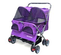 Pet Stroller Double Stroller for Small Medium Dogs Cats Two Doggy Puppy or 2 Kitty Cat Carriage Buggy - Fold-able Animal Pets Doggie Cart Carriages (Purple)
