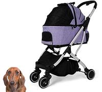 Pet Stroller Foldable Cat Dog 4 Wheels Travel Large Trolley Carrier Cart Holds 5-20Kg of Weight (Grey) (Purple)