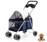 Pet Stroller, Foldable Dog Pram with 4 Wheels, 15kg Load Capacity, Adjustable Canopy, Multi-Directional Windows, 360° Rotating Handle for Outdoor Walks, Camping, Travel