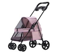 Pet Stroller for Cats with Cup Holder, Dog Pram Stroller Buggy with Rain Cover, Breathable Dog Prams Pushchairs for Small Dogs Luxury Pet Gear Oxford Fabric Fine Iron Frame(Pink)