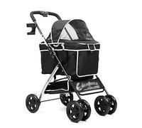 Pet Stroller for Dog & Cat, Four-Wheel Easy Foldable Travel Stroller for Puppy, Kitten, Waterproof Pet Carrier with Storage Basket, Up to 22 lbs (Black)