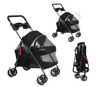 Pet Stroller for Dogs & Cats, Dog Pram, 4 Wheels Outdoor Travel Pet Folding Stroller, Visible Mesh, with Cup Holder, Rear Wheel Dual Brake, Breathable for Medium Small Dog (Black, A)