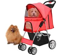 Pet Stroller for Dogs & Cats - Foldable 4 Wheels with Lock, Safety Belt, Adjustable Canopy, Mesh Windows, Storage & Cup Holders for Pets up to 33lbs