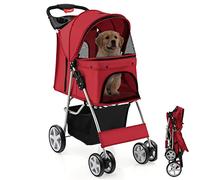 Pet Stroller for Dogs & Cats, Foldable Travel Carrier with Storage Basket, Safety Belt, Cup Holder & 4 Wheels for Small Medium Pets(Red)