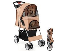 Pet Stroller for Dogs & Cats, Foldable Travel Carrier with Storage Basket, Safety Belt, Cup Holder & 4 Wheels for Small Medium Pets(Beige)