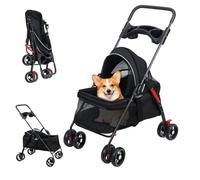 Pet Stroller for Dogs & Cats, Folding Travel Stroller, Cat Jogger Strollers with Wheels, Adjustable Canopy, Large Storage Basket & Visible Mesh, for Small to Medium Pets (1 Set)