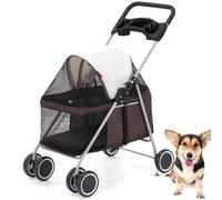 Pet Stroller for Dogs, Foldable 4-Wheel Dog Pram with Large Storage Basket, Adjustable Canopy, 360° Rotating Pull Rod for Outdoor Walks and Travel