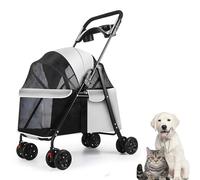 Pet Stroller for Medium and Small Dogs, Folding Travel Pushchair with 4 Wheels and Cup Holder, Cat Stroller with Visible Mesh, Outdoor Dog Pram (Light Grey)