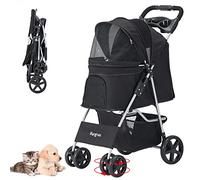 Pet Stroller for Medium Small Dogs & Cats, One-Hand Folding Portable Travel Cat Dog Stroller with Large Storage Basket and Cup Holder, 4 Wheels, Black