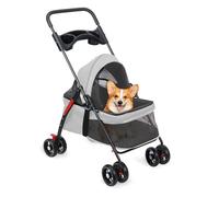 Pet Stroller for Small Dogs & Cats, Folding Dog Carrier with 360° Rotatable Front Wheels, Dual Anti-Release Buckle, 180° Adjustable Canopy, Comfortable Mesh, Cup Holder Grey