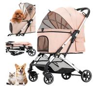 Pet Stroller for Small to Medium Dogs Durable Cat Stroller with Lightweight Aluminum Frame/One-Click Folding/No Zip Entry/PU Wheels/Multiple Pockets/Safety Dog Stroller (Pink)