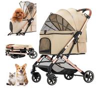 Pet Stroller for Small to Medium Dogs Durable Cat Stroller with Lightweight Aluminum Frame/One-Click Folding/No Zip Entry/PU Wheels/Multiple Pockets/Safety Dog Stroller (Grey)