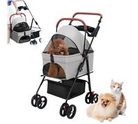 Pet Stroller Pram, 4 Wheels Dog Carrier Trolley on Wheels Foldable Cat Strollers with Cup Holder Load 20LBS Storage Basket Detachable Travel Strolling Cart for Extended Walks Gray Gray 1 Set
