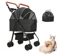 Pet Stroller Pram Dog Carrier Trailer 4 Wheels Foldable Large, Dog with Storage Basket 2 Safety Leash, Reversible Handle Folding Travel Stroller for Cats Dogs 25kg (Black)