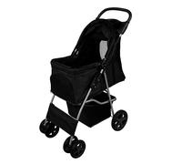 Pet Stroller Pushchair Black Carrier Foldable Trolley Travel Cart 15kg Capacity 4 Wheels Brakes Cat Dog Safety Snap Hook Leash Cushion Canopy Mesh Windows Basket Cup Holders FREE Waterproof Rain Cover