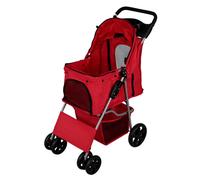 Pet Stroller Pushchair Red Carrier Foldable Trolley Travel Cart 15kg Capacity 4 Wheels Brakes Cat Dog Safety Snap Hook Leash Cushion Canopy Mesh Windows Basket Cup Holders FREE Waterproof Rain Cover