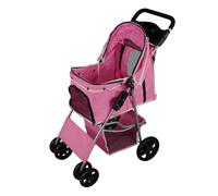 Pet Stroller Pushchair Pink Carrier Foldable Trolley Travel Cart 15kg Capacity 4 Wheels Brakes Cat Dog Safety Snap Hook Leash Cushion Canopy Mesh Windows Basket Cup Holders FREE Waterproof Rain Cover